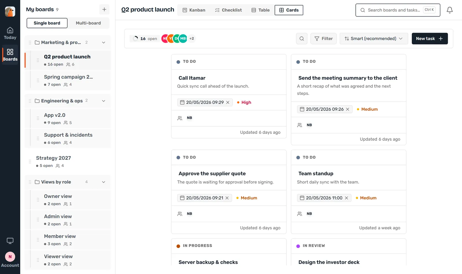 The same board as cards: a grid of task cards grouped by status